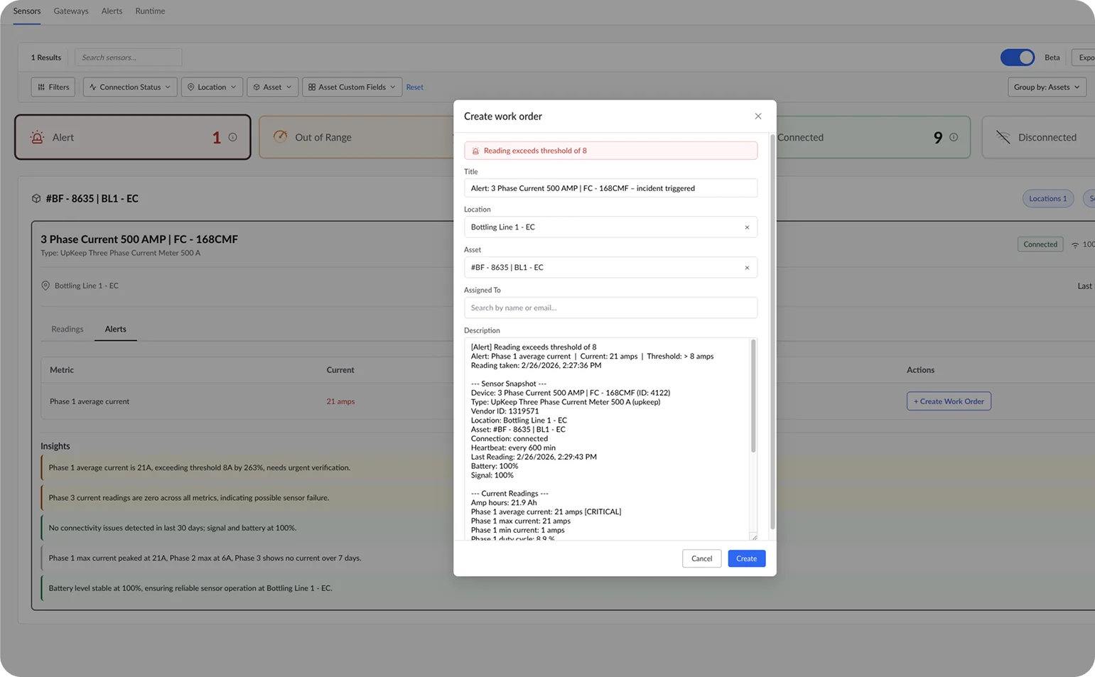 Work order creation modal with AI-suggested title and description based on sensor alert context