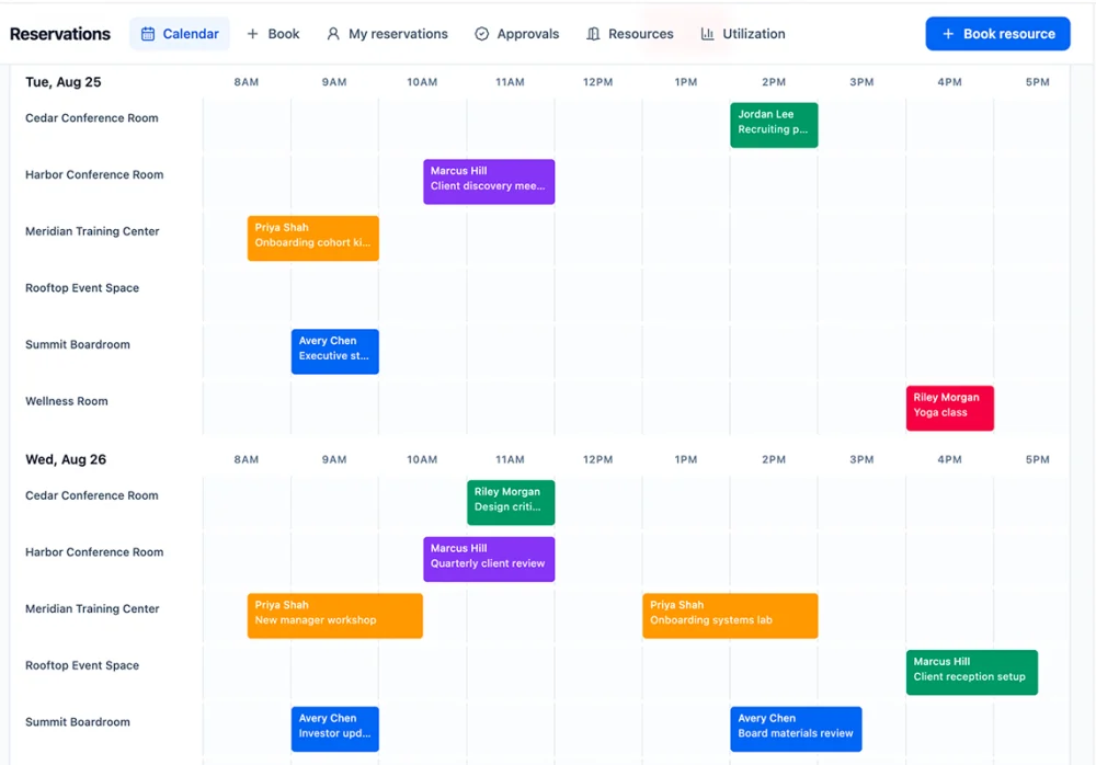 UpKeep room and resource booking calendar showing conference rooms, a training center, event space and boardroom booked across two days