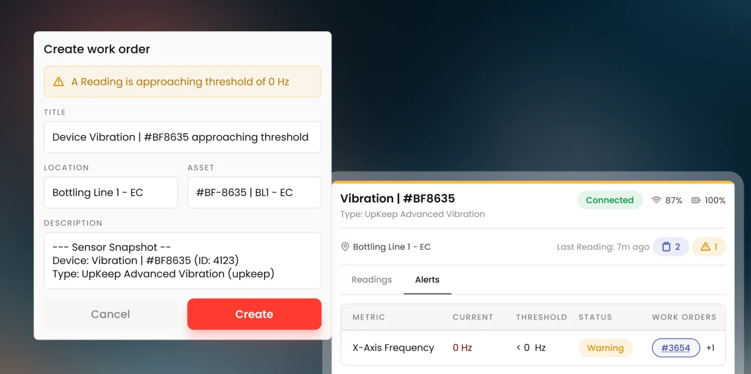 Work order being created from a vibration sensor warning, with the title, location, asset, and a sensor snapshot filled in