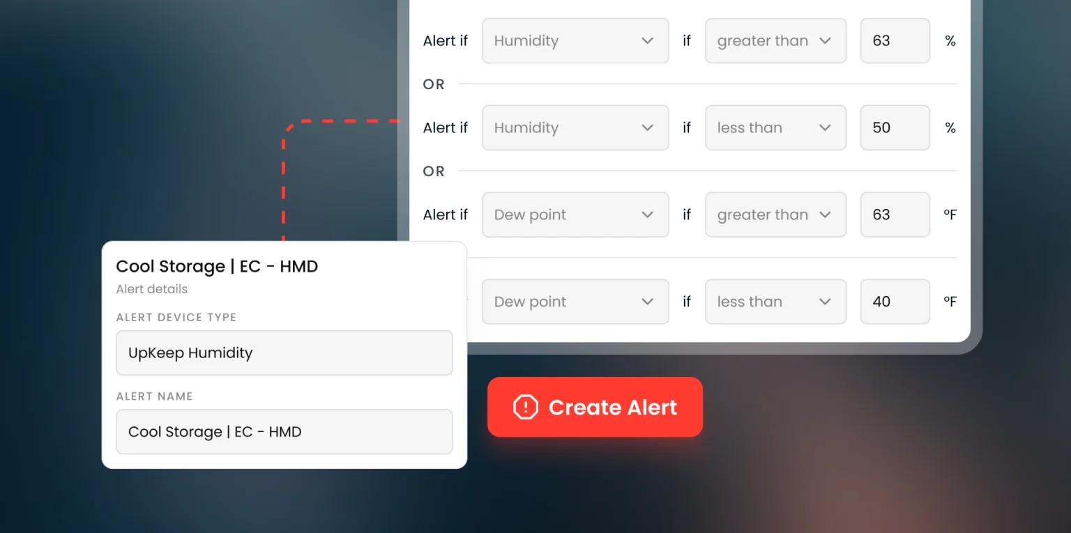 Alert setup for a humidity sensor with high and low thresholds for humidity and dew point