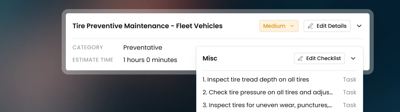 Tire preventive maintenance work order for fleet vehicles with its checklist of tire inspection tasks