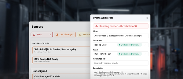 UpKeep Edge sensor alerts and automated work order creation in a food manufacturing facility