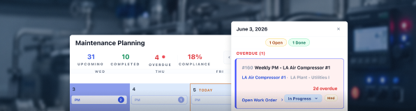 Maintenance planning dashboard with PM calendar and overdue work order alerts