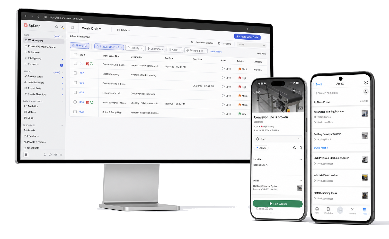 UpKeep on desktop and mobile: the work orders list on a desktop display alongside a high-priority work order and the assets list on two phones