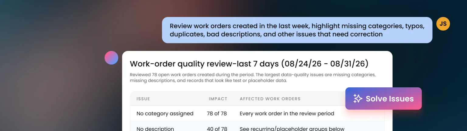 Nova reviewing the past week of work orders and listing data-quality issues such as missing categories and descriptions