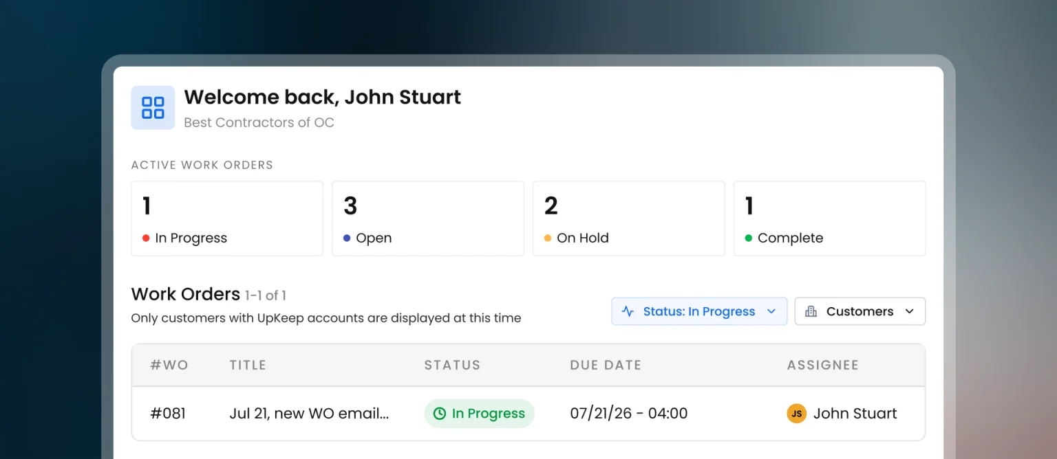 Provider portal home showing active work orders by status and an in-progress work order assigned to the provider