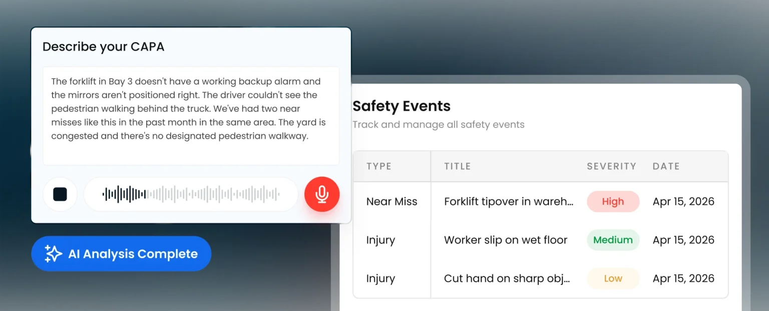 Voice-described CAPA with AI analysis complete, next to a list of safety events by type, severity, and date