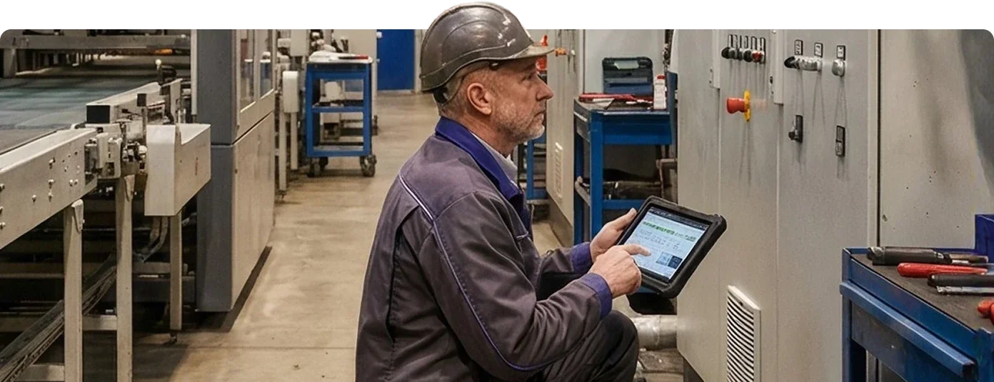 A technician kneeling beside a production line, working from a tablet