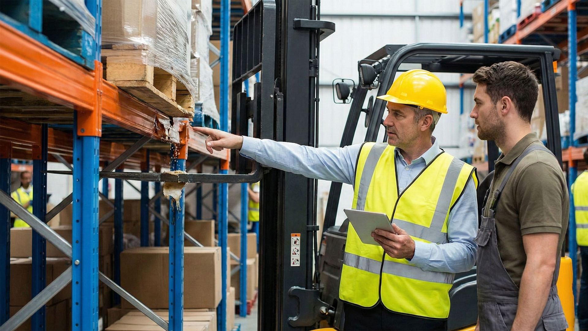 Warehouse team inspecting equipment