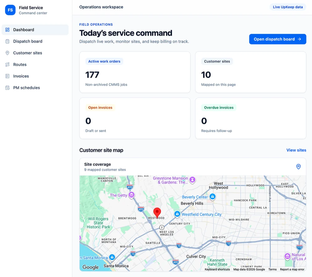 UpKeep Field Service command center showing active work orders, customer site count, open and overdue invoices, and a mapped view of site coverage