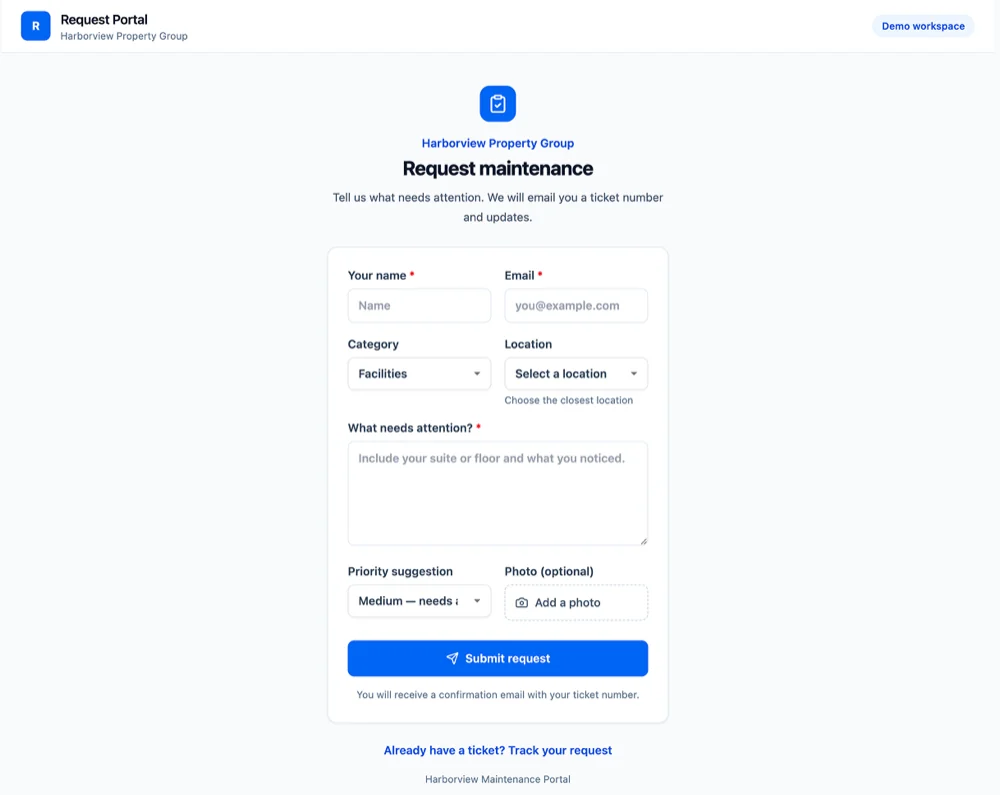 UpKeep Request Portal public maintenance request form branded for a property group, with category, location, description, priority suggestion and photo upload