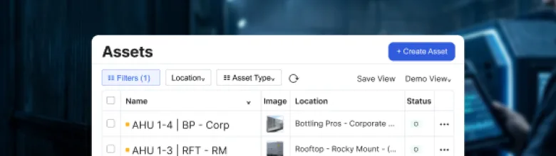 Asset list with filters showing asset names, images, locations, and status