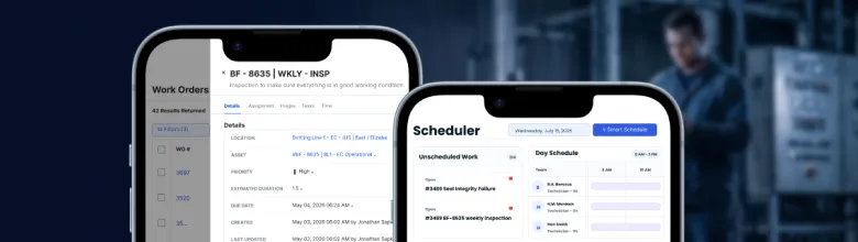Work order detail and scheduler screens in the UpKeep mobile app on two phones