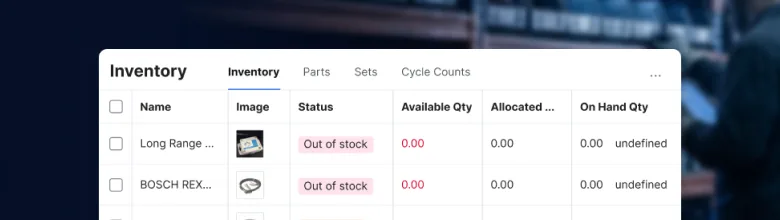 Inventory list showing parts with stock status, available quantity, allocated quantity, and on-hand quantity
