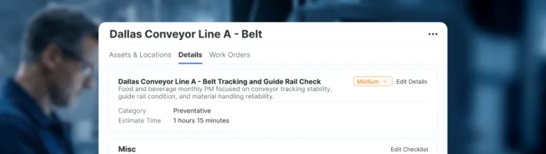Preventive maintenance detail for a conveyor belt check with category, estimated time, and checklist