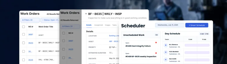 Work order list, detail view, and scheduler showing open work orders with priorities and technician assignments