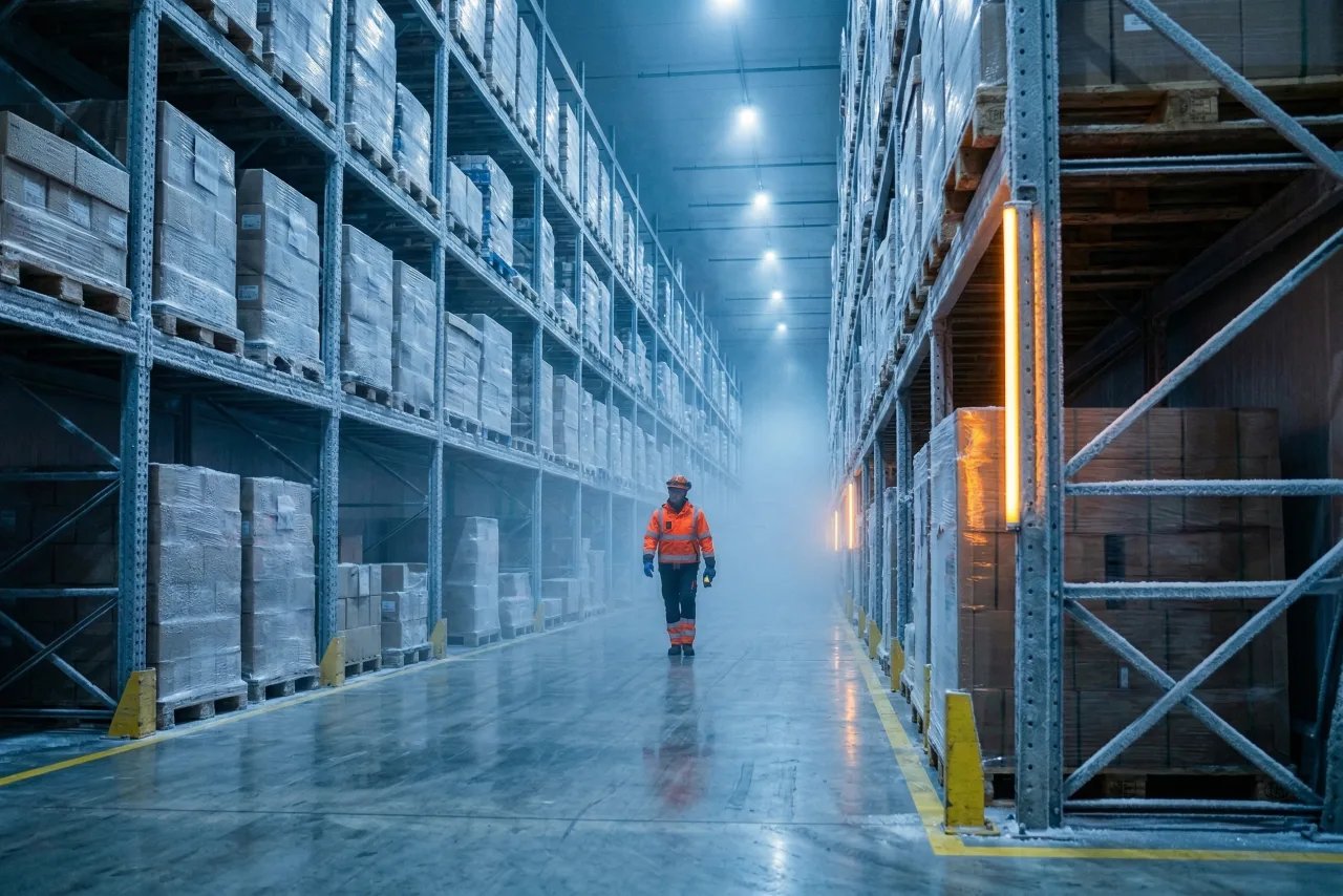 Cold storage warehouse with frost-covered racks and blue ambient lighting