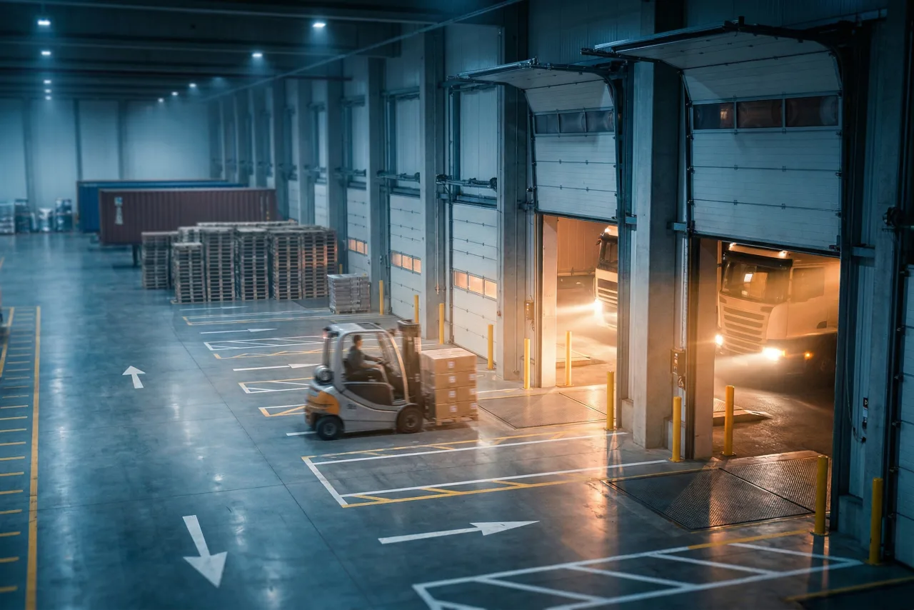 Warehouse loading dock with trucks and dramatic light shafts