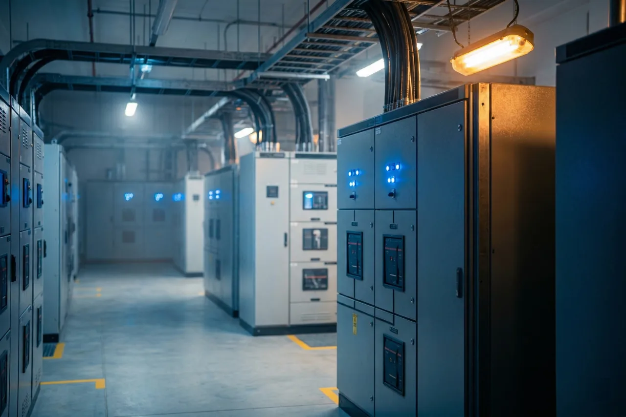 Industrial electrical room with switchgear panels and blue indicator lights