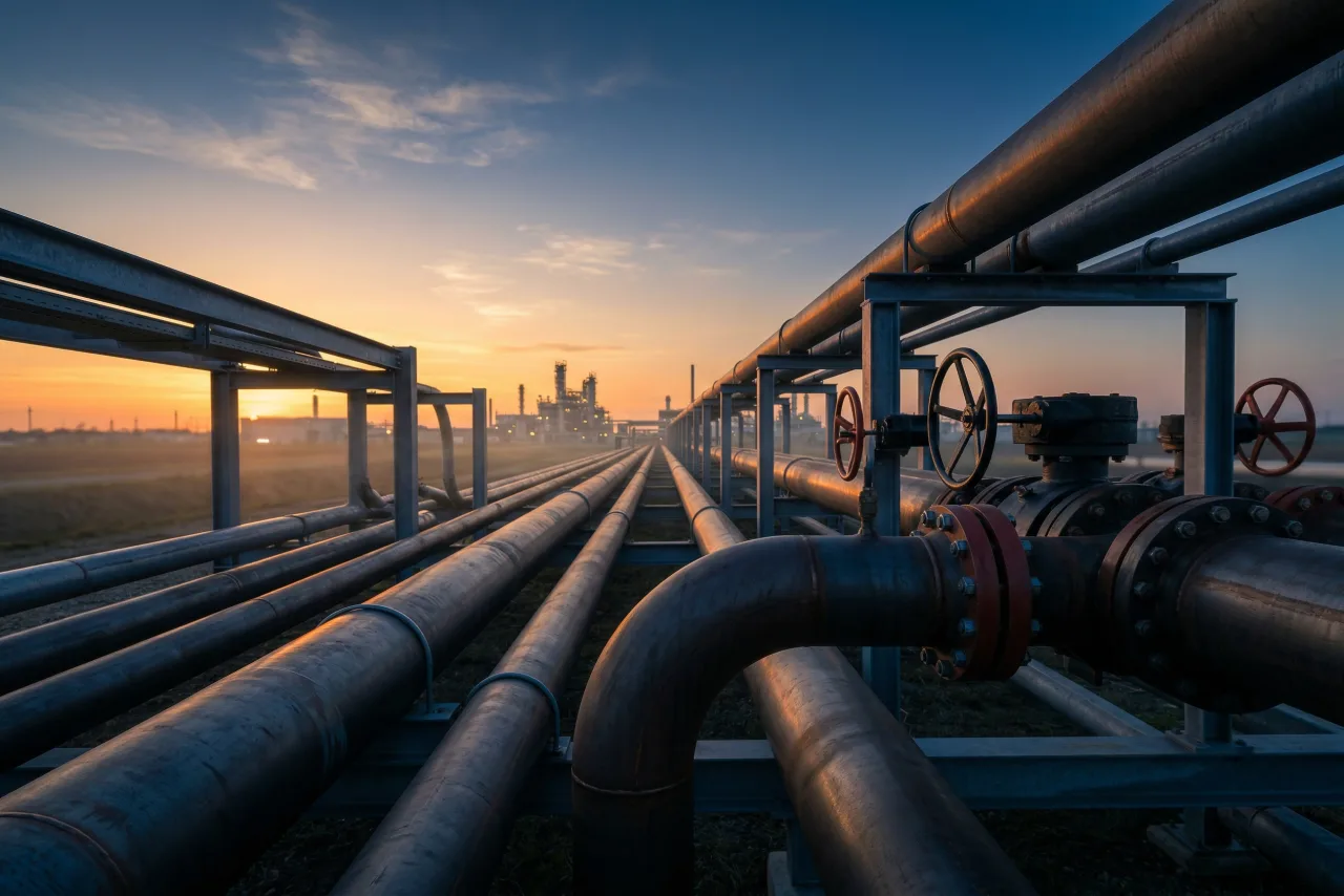 Steel pipelines converging at dusk with warm golden hour lighting
