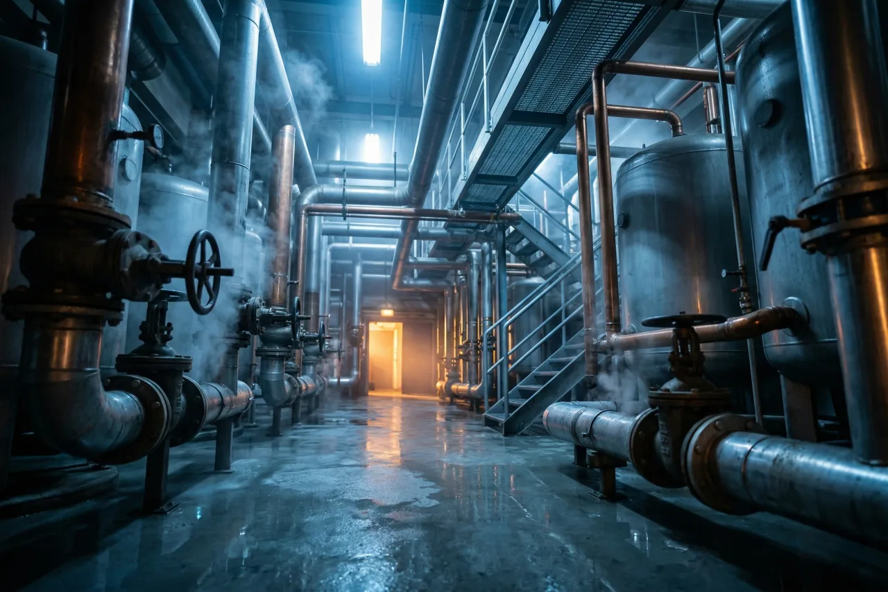 Industrial boiler room with steam rising from pipe joints