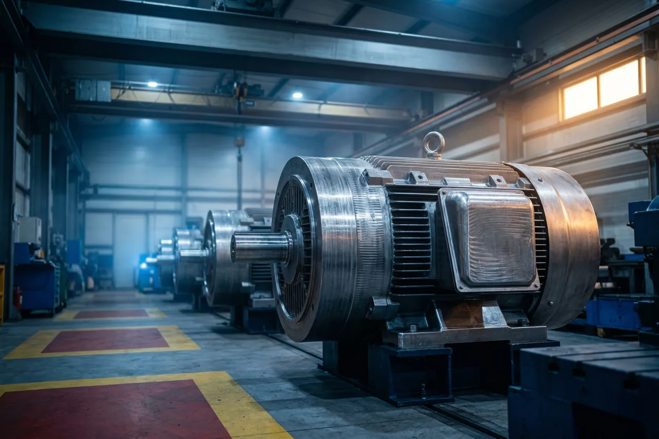 Large industrial motor on manufacturing floor with blue lighting
