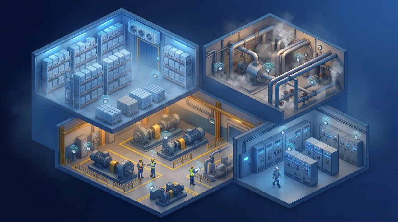 Isometric industrial facility with sensors sending data to UpKeep Edge dashboard