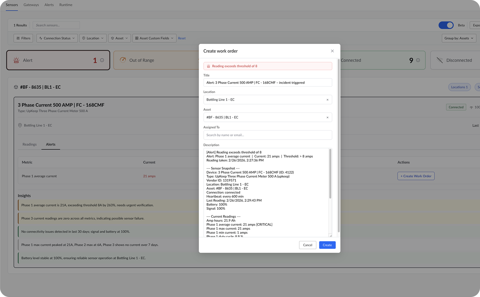 UpKeep Edge work order creation screen showing AI-drafted work order triggered by a sensor alert with asset details and repair instructions