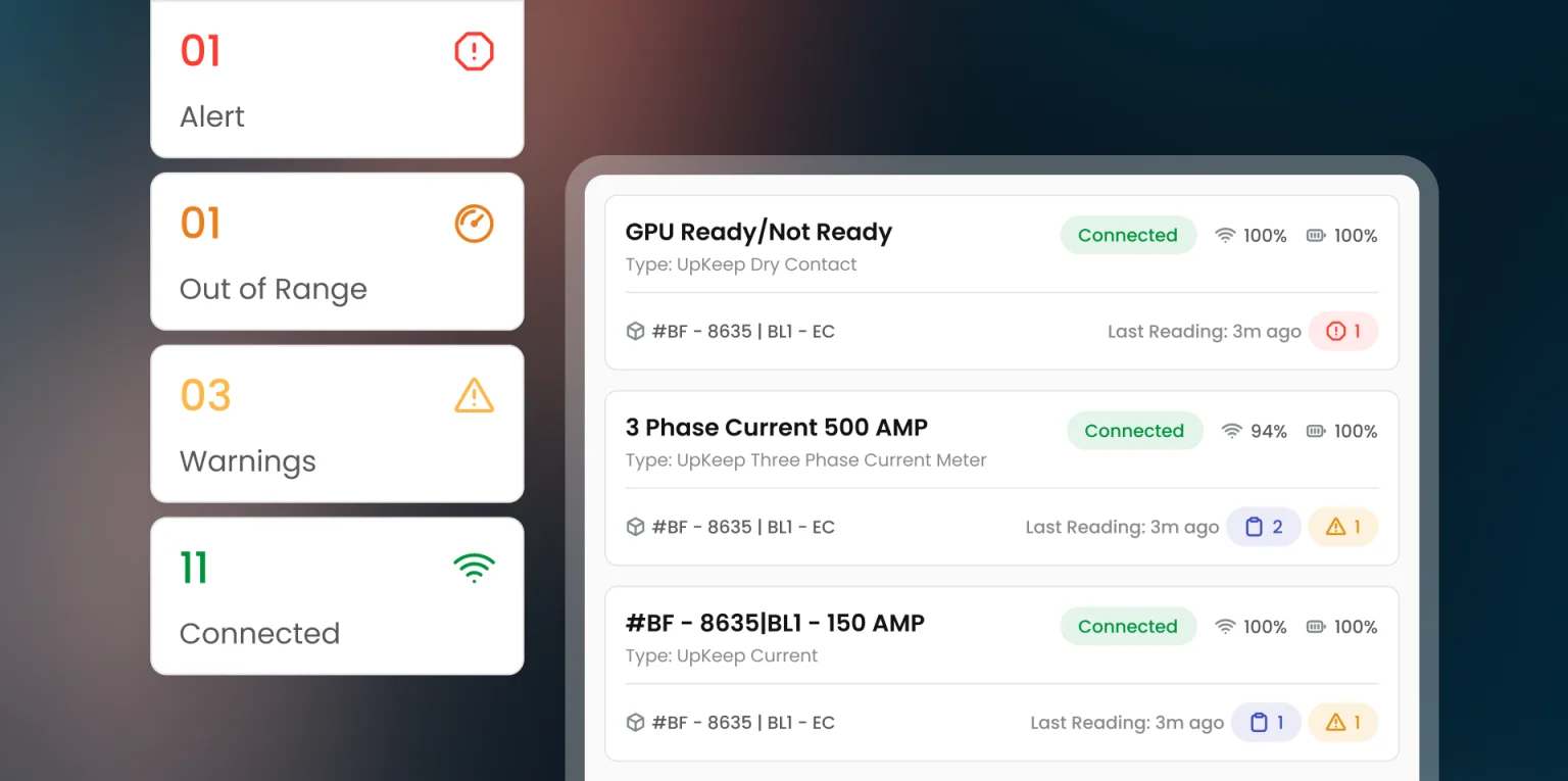 Sensor status summary with alert, out of range, warning, and connected counts beside a list of connected sensors