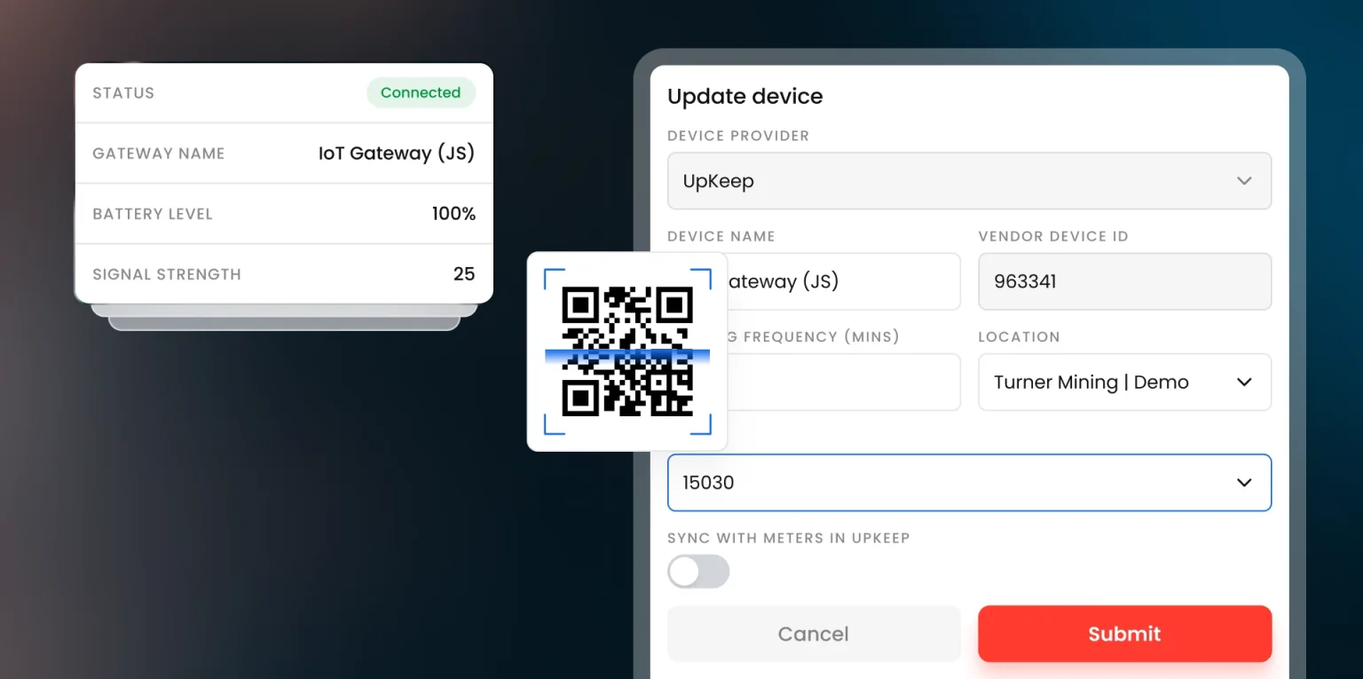 Connected gateway status with battery and signal strength, and the device form for adding a gateway by scanning its code