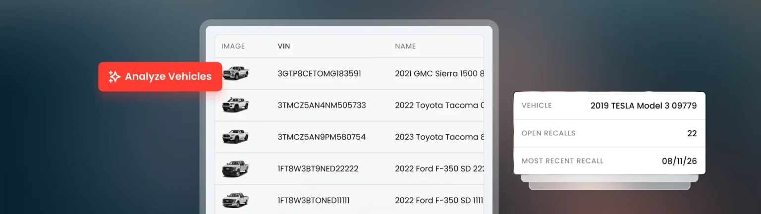 Vehicle list with an Analyze Vehicles button and open recall details for a vehicle