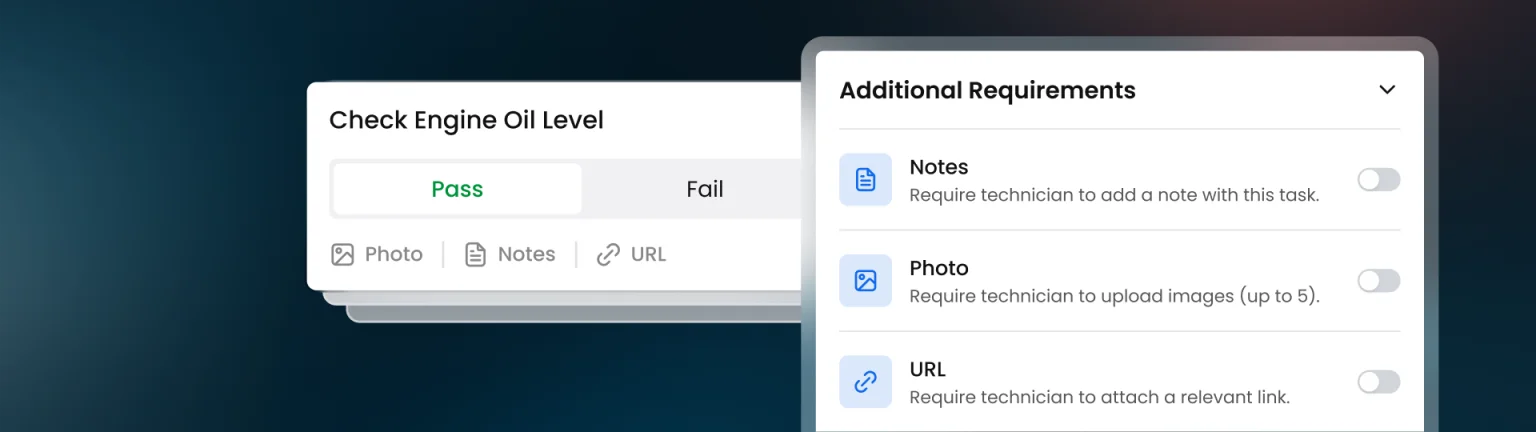 Inspection item with pass and fail options, plus settings to require a note, photo, or link from the technician