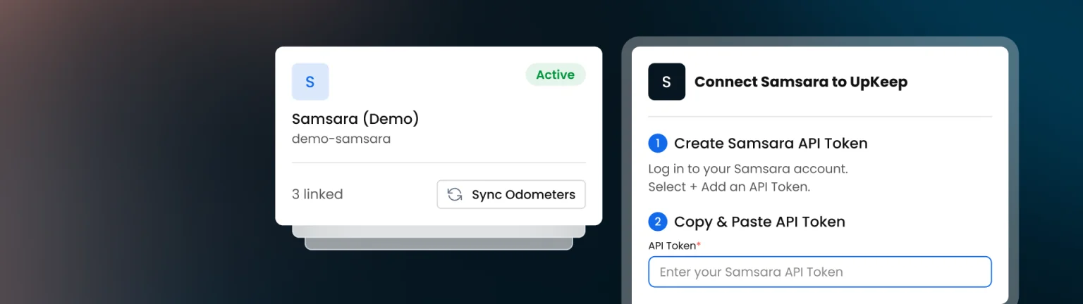 Active Samsara integration syncing odometers for three linked vehicles, next to the Samsara connection setup steps
