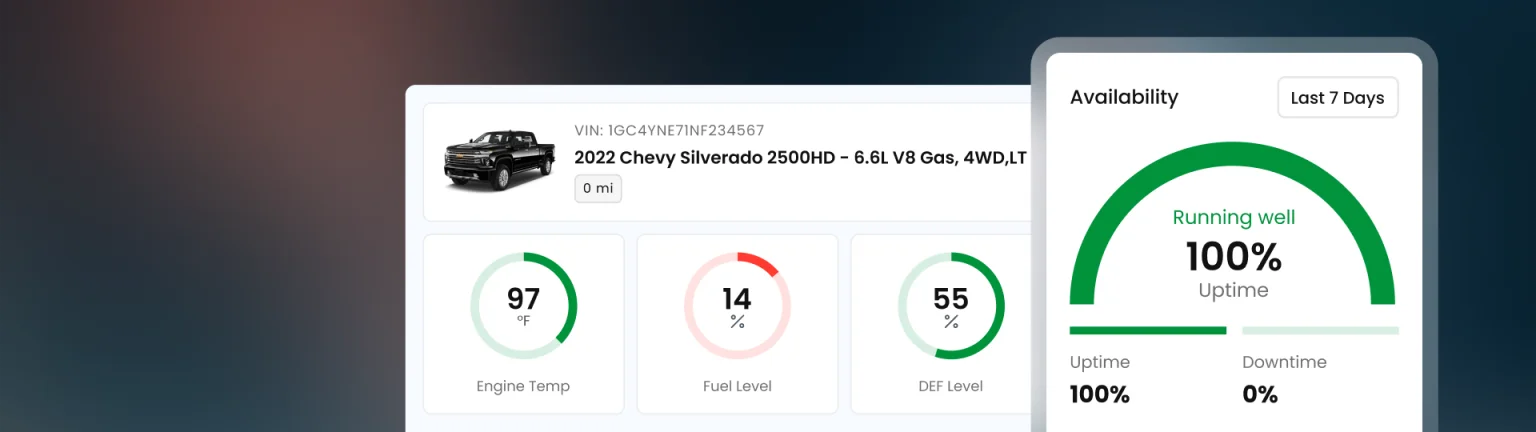 Vehicle record for a 2022 Chevy Silverado showing engine temperature, fuel level, DEF level, and seven-day uptime