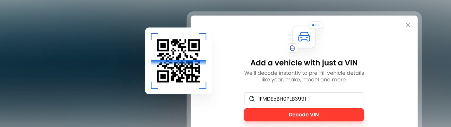 Add vehicle dialog decoding a VIN, with a barcode being scanned to pre-fill vehicle details