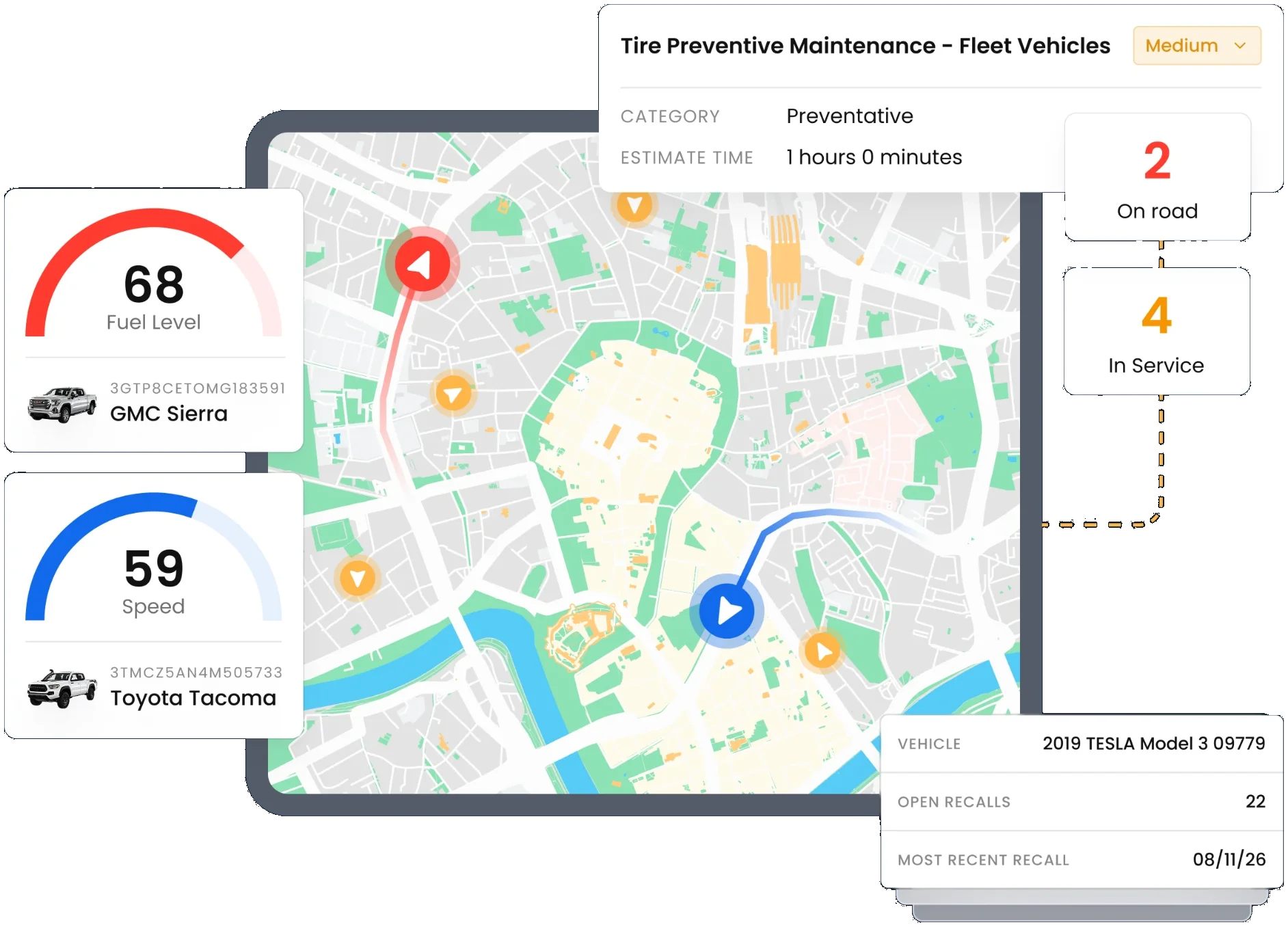 Fleet map with live vehicle locations, fuel and speed gauges for two trucks, vehicles on road and in service, a tire preventive maintenance work order, and open recalls for a vehicle