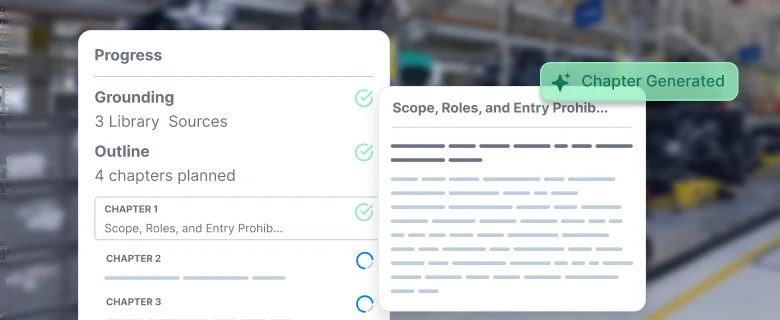Learn's AI generating a course outline and chapters from uploaded SOPs and library sources