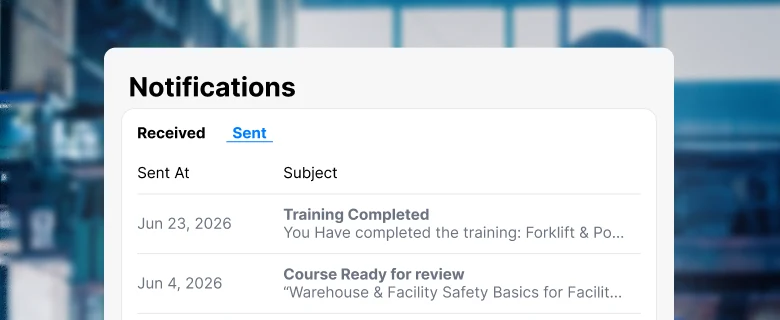 Notifications inbox showing training completed and course-ready reminder emails
