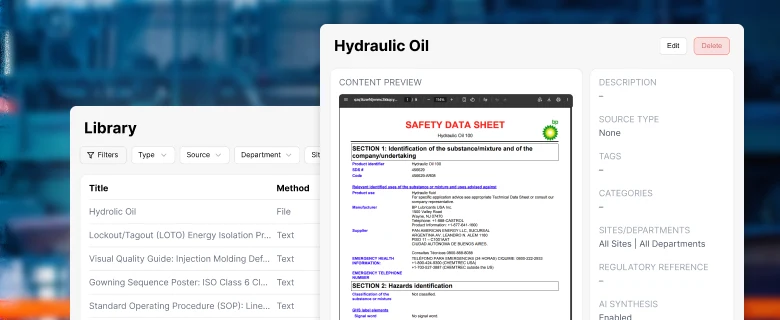 Content library with a document list and a safety data sheet content preview