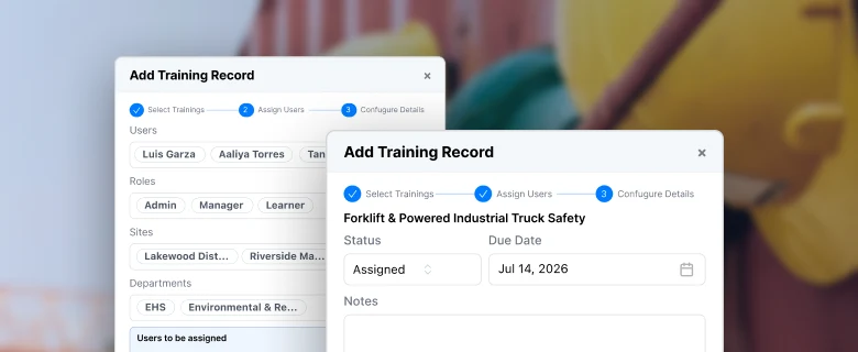 Add training record dialog assigning required training to users by role, site, and department