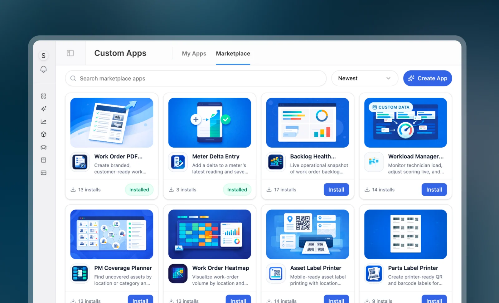 The Nova Apps marketplace in UpKeep, showing installable apps for work order PDFs, meter readings, backlog health and workload management