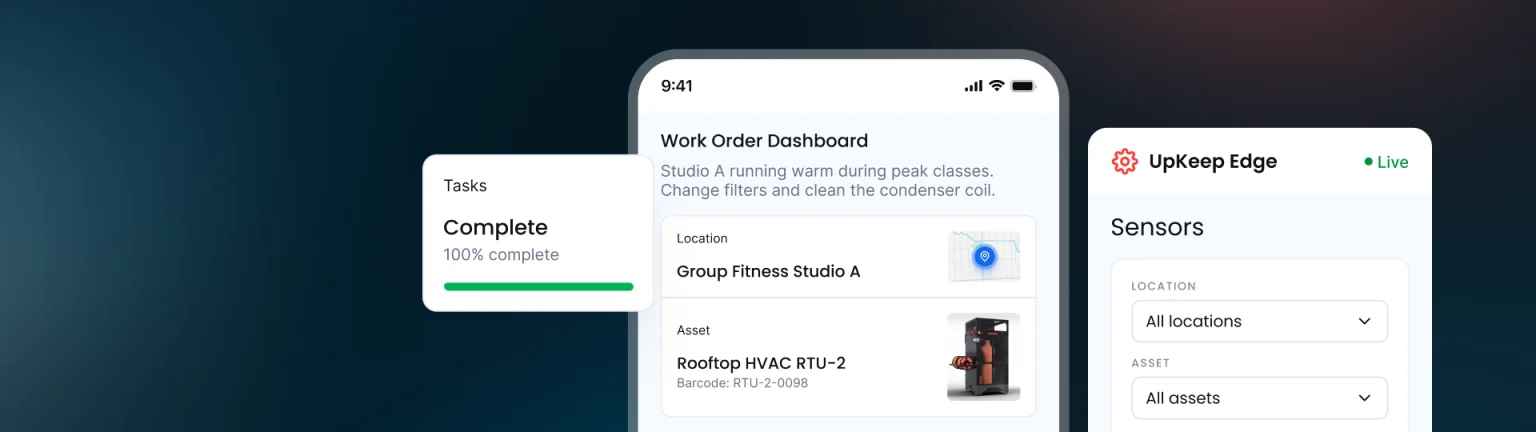 Mobile work order dashboard for a rooftop HVAC unit, with task progress and live Edge sensor data