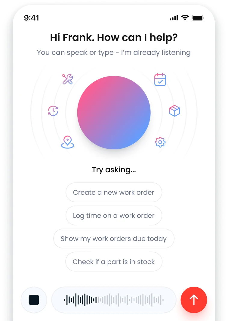 Nova on a phone, ready to create a work order, log time on one, show the work orders due today, or check whether a part is in stock, by voice or by typing.