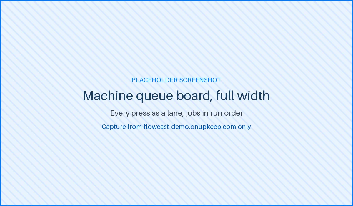 Production Scheduling machine queue board with each press as a lane of jobs in run order and changeover time between jobs