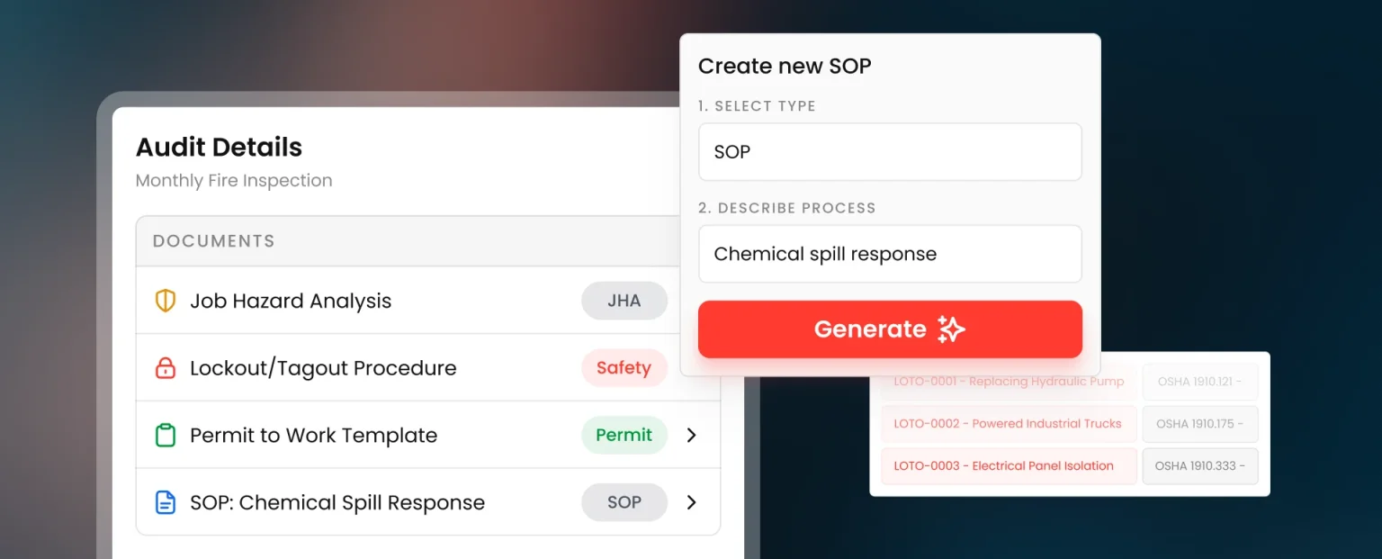Audit details listing a JHA, lockout/tagout procedure, permit to work, and SOP, next to a form that generates a new SOP