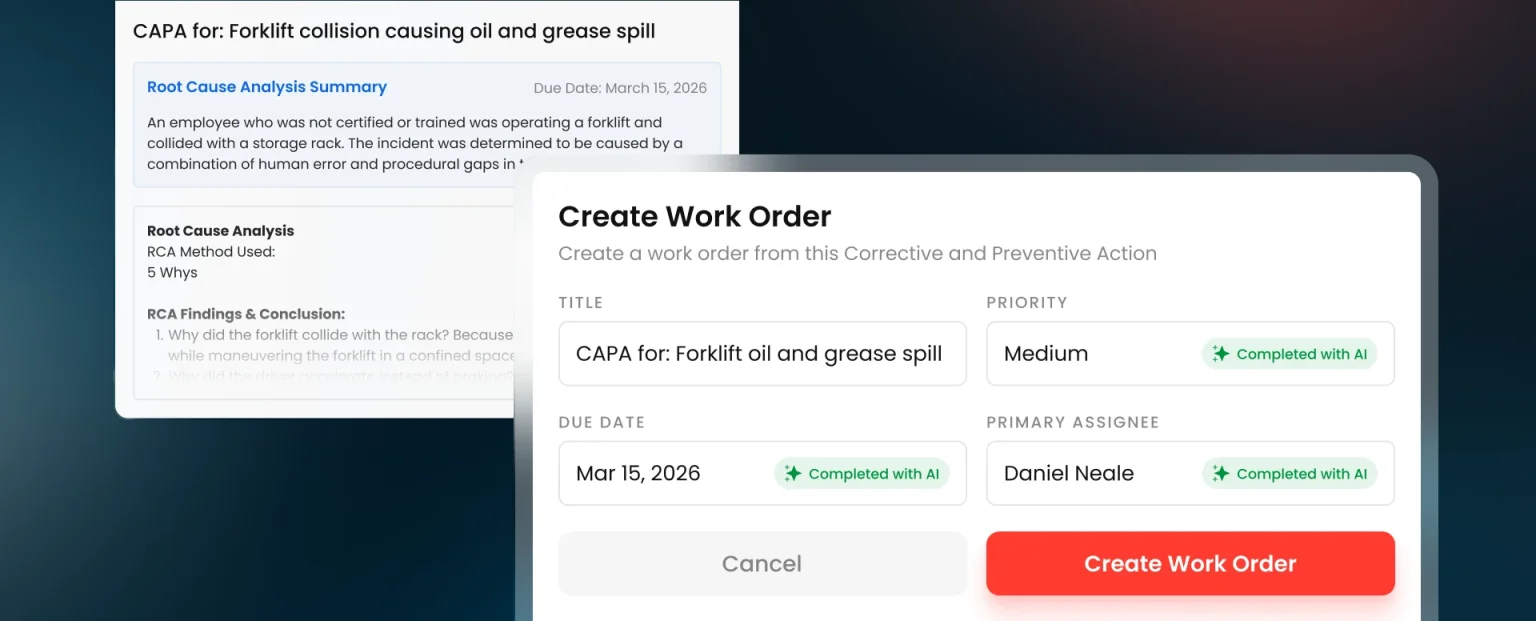 Work order created from a CAPA, with priority, due date, and assignee filled in by AI