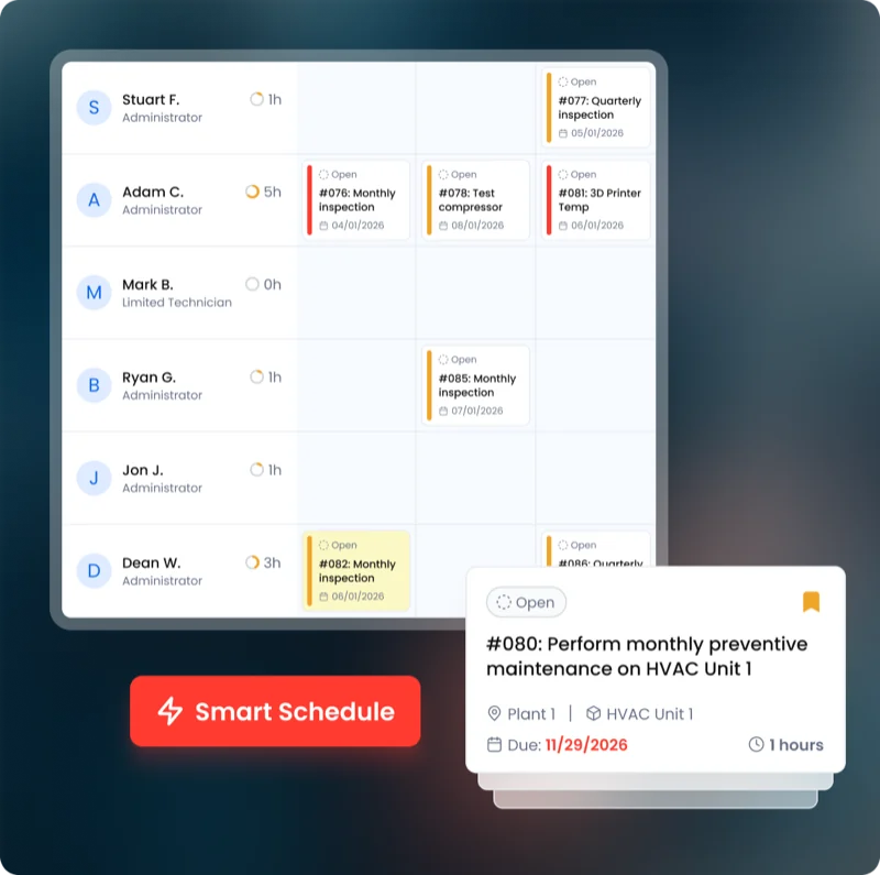 UpKeep CMMS smart scheduling board assigning preventive maintenance across technicians