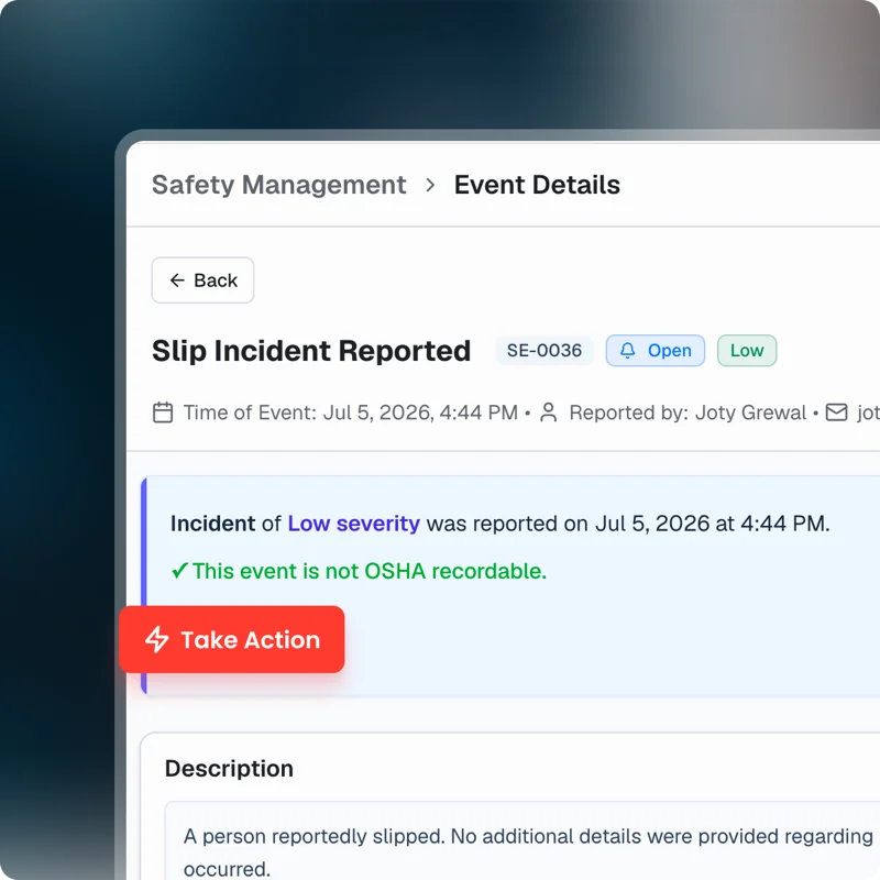 UpKeep Safety incident record showing severity, OSHA recordability and next action