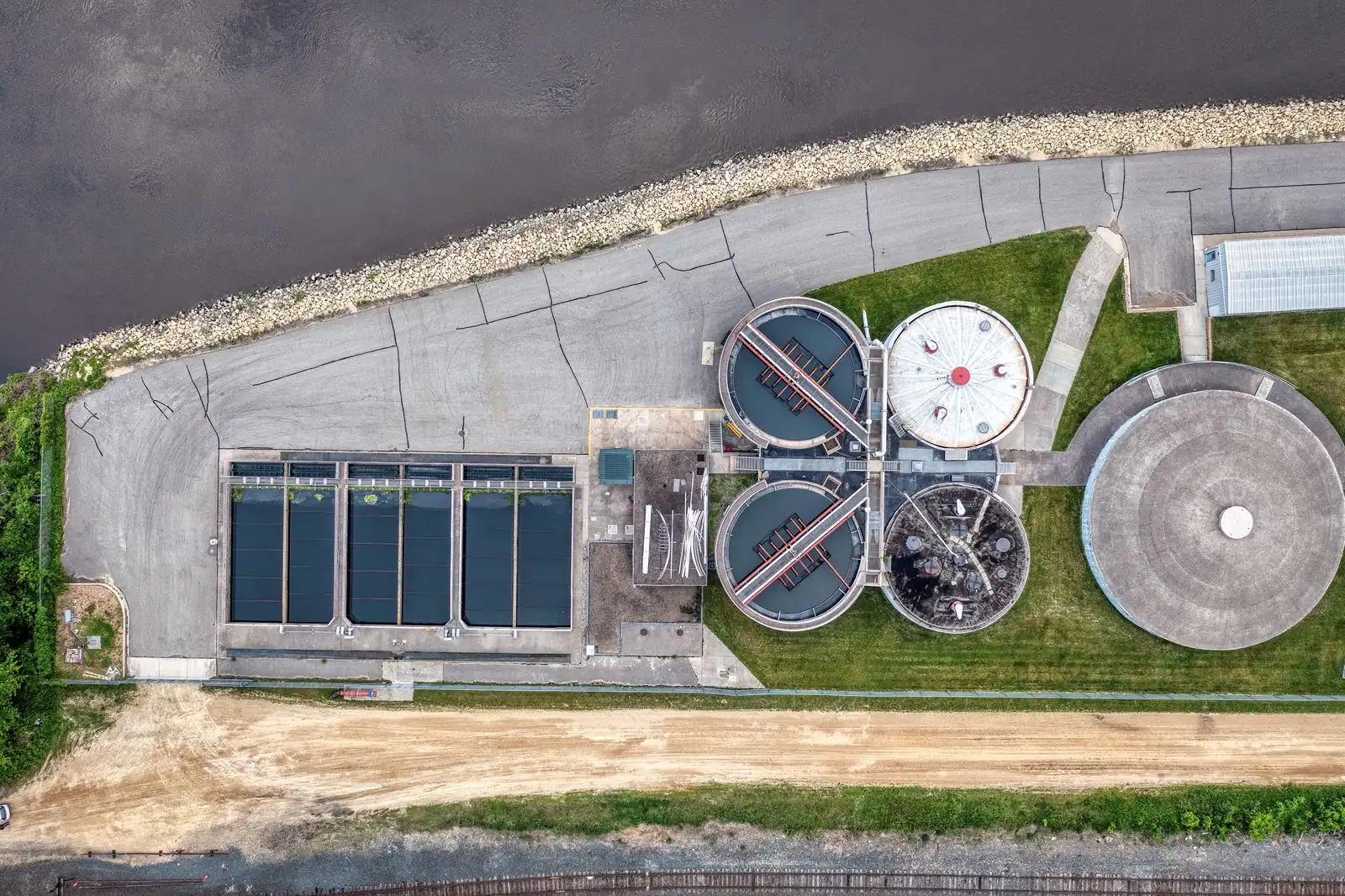 Municipal water treatment facility seen from above