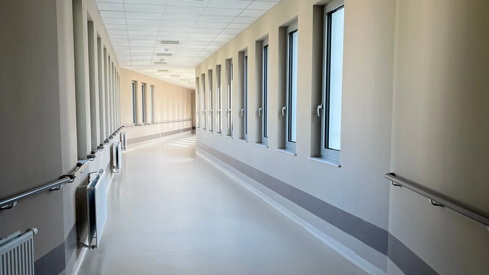Hospital corridor with clinical building infrastructure